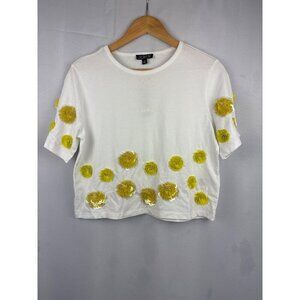 J.Crew Womens XS White Cotton Tee With Yellow Floral Embellishments